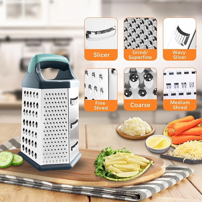 Box grater for kitchen 6 Sided - Cheese Graters Handheld, Stainless Steel Shredder for Food Vegetable Carrot Potato Tomato (Blue)