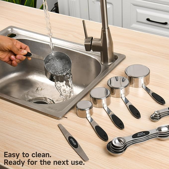 Magnetic Measuring Cups and Spoons Set, Stainless Steel, 14 Pcs | Food-grade 304 construction, strong N45 magnets, double-sided spoons, leveler included, for baking and cooking
