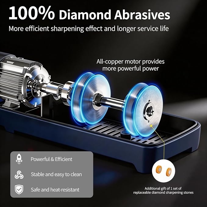 Electric knife sharpener, Professional Diamond Sharpening System with Replaceable Sharpening Abrasives, Fast Sharpening to Restore & Polish Chef Knives (Blue)