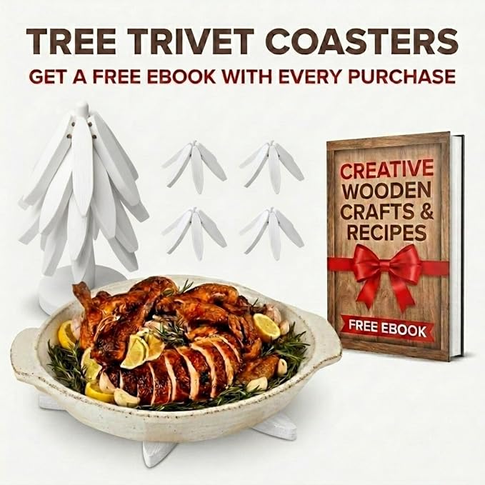 Wooden Trivets for Hot Dishes – Tree Trivet Set with 4 Foldable Wooden Trivets & 1 Stand, Heat-Resistant, Space-Saving Trivet Tree for Pots, Bowls & Teapots (White)