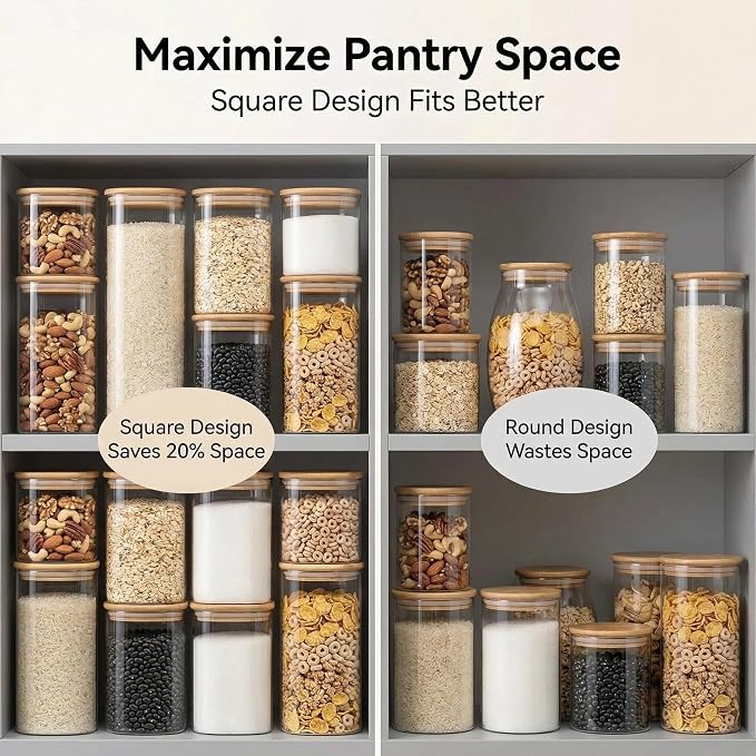 Airtight Glass Storage Containers with Lids 8 Pack, 25/37 /50oz Square Glass Jars with Bamboo Lids, Kitchen Canister Set for Pantry Organization Food Storage for Flour Sugar Rice Pasta Cereal