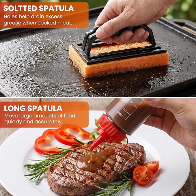 9PCS Griddle Accessories Kit, Flat Top Grill Accessories Set for Blackstone and Camp Chef, Grill Spatula Set with Enlarged Spatulas, Scraper - Outdoor Barbecue Tools Gifts for Men Dad Him