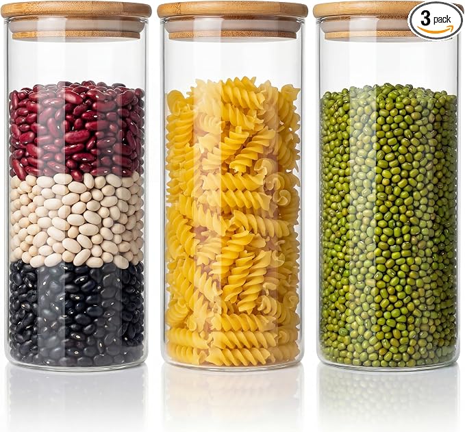 45 oz Round Glass Food Storage Containers with Airtight Bamboo Lids, 3 Pack | Tall Pantry Jars for Flour, Sugar & Pasta, Durable Borosilicate Glass Canisters Keep Food Dry & Fresh, Easy to Fill & Clean