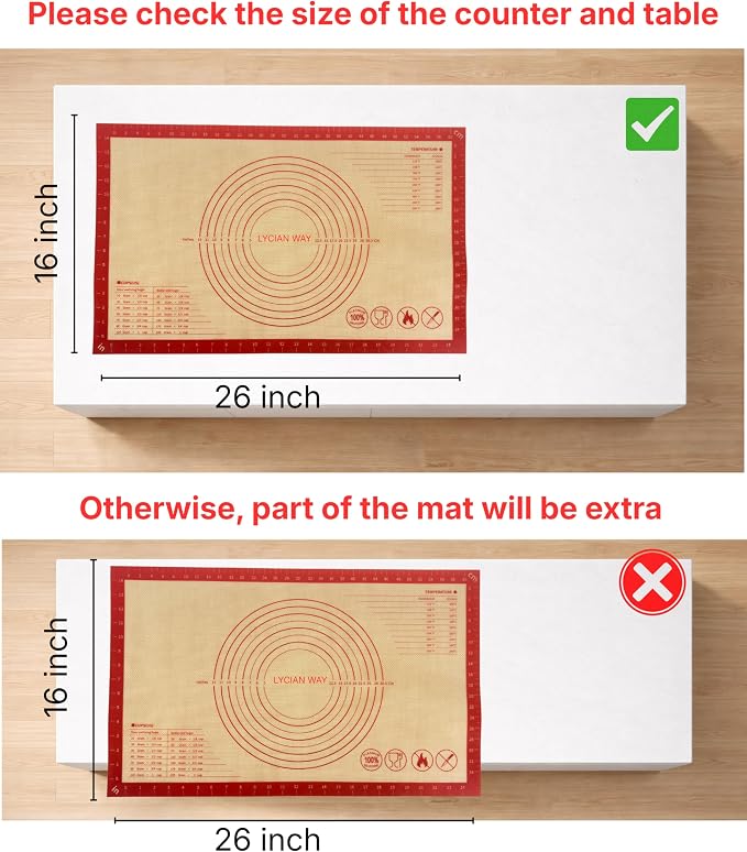 Silicone Pastry Mat with Measurements, 26 x 16 Inch Extra Thick Non-Slip Nonstick Large Baking Mat for Dough Rolling, Kneading, Fondant and Pie, Red