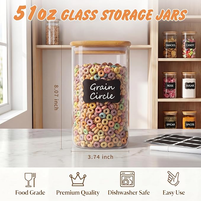 SENTVEND 51 Oz Glass Jars - 3 Pack Food Storage Containers with Lids Square | Food-grade durable clear canister, Bamboo seal cover, Stackable, BPA-Free, Ideal for sorting oats, Coffee beans, Rice & More