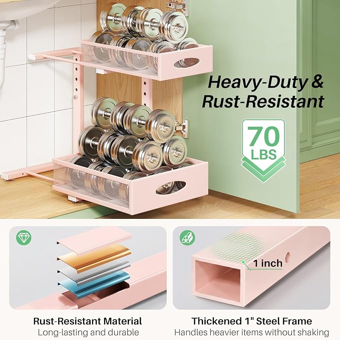 Under Sink Organizer, 1-Pack Pull Out Cabinet Organizer 2 Tier Metal Slide Out Storage Shelf Rack, L-Shaped Adjustable Height,Mesh Sliding Drawer for Kitchen, Bathroom, Laundry, Pantry, Pink, XL