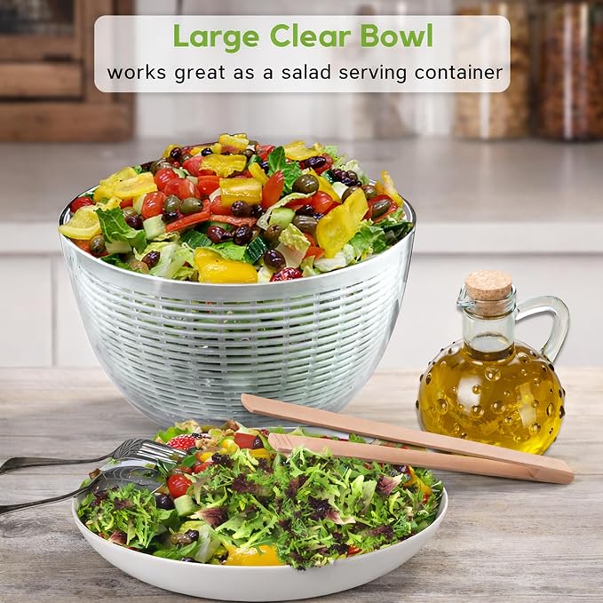 Brieftons Large 6.2-Quart Collapsible Salad Spinner: Manual One-Handed Pump Vegetable Washer Dryer Drainer Strainer, BPA-Free Bowl, Basket Colander & Lid, Compact Storage, for Greens Herbs Fruits