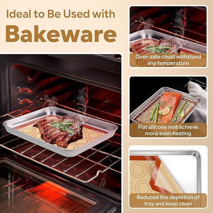 P&P CHEF 9.7 Inch Silicone Baking Mat, 2Pcs Non-stick Silicone Oven Mats | Reusable Baking Supplies for Macaroon Pastry Bread Dough Cookie Pizza, Good for Roasting Kneading, Fit Well with Sheet Pan