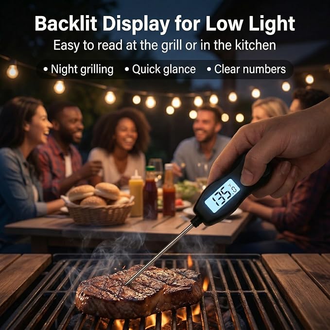Meat Thermometer Digital Instant Read, Waterproof for Cooking & BBQ (Black) | Backlit food thermometer with 5.3” probe for steak, turkey, oil, candy, liquids, sourdough & baking