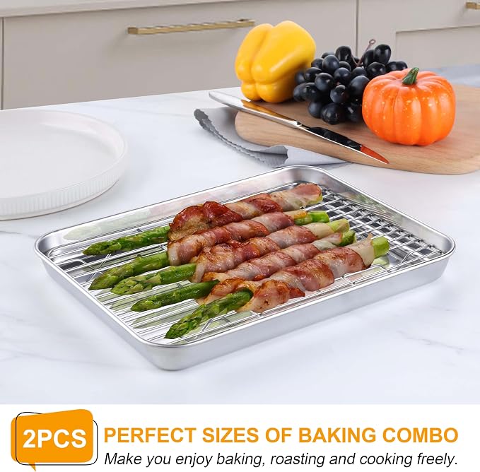 Homikit Mini Baking Sheet with Wire Rack for Toaster Oven (1 Pan+1 Rack) | 9x7 Inch Stainless Steel Baking Pan with Cooling Rack Set, Metal Cookie Sheets, Small Bacon Tray, Nonstick, Dishwasher Safe