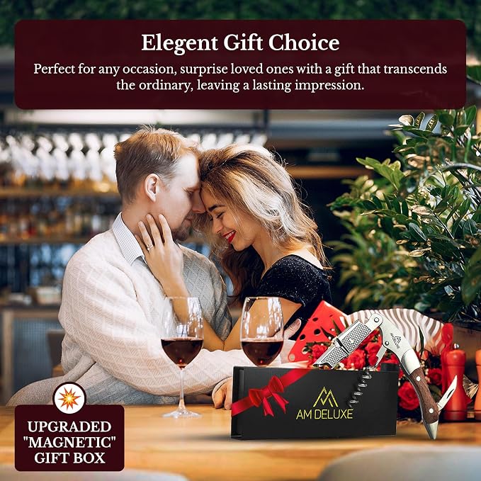 Waiters Corkscrew Wine Opener - Double-Hinged Fulcrum 3-In-1 Cork Screw Wine Bottle Opener Heavy Duty Stainless Steel & Classic Rosewood. Serrated Foil Cutter. Beer Opener. Magnetic Gift Box