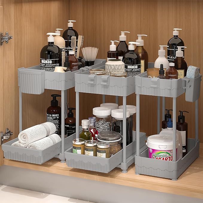3-Pack 2-Tier Under Sink Organizers with Sliding Drawers | Multi-use kitchen & bathroom storage, 12.8 inch gray cabinet organizer, space-saving sliding drawer design.