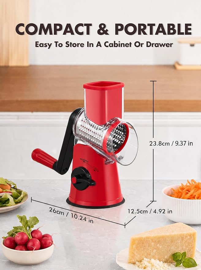GDL Rotary Cheese Grater, Upgraded 5-in-1 Cheese Grater Hand Crank, Multi-purpose Cheese Shredder with Handle, Vegetable Slicer Cutter Ice Shaver for Potato, Carrot, Nuts, Chocolate