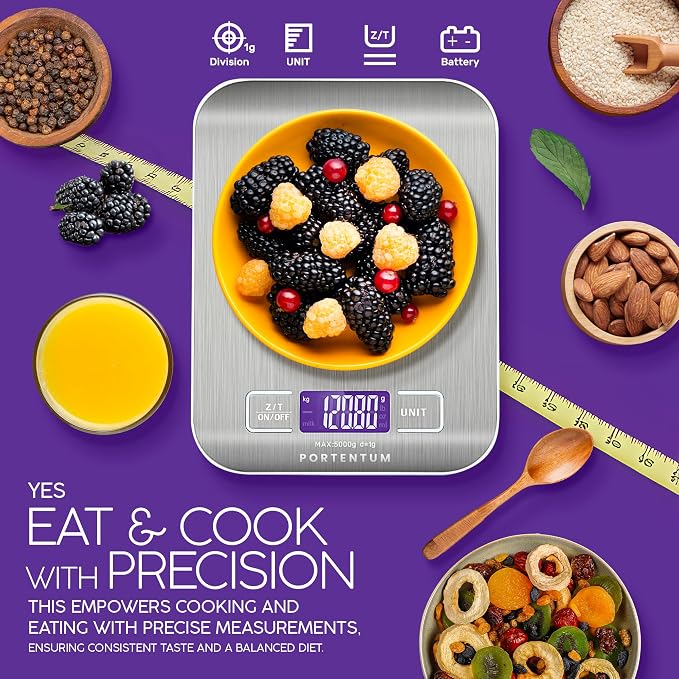 PORTENTUM Digital Kitchen Scales 5kg/11lb with Large LCD Display, Food Scales with Large Stainless Steel Weighing Surface, Liquid Measurement, High Precision up to 1 g, Tare Function,