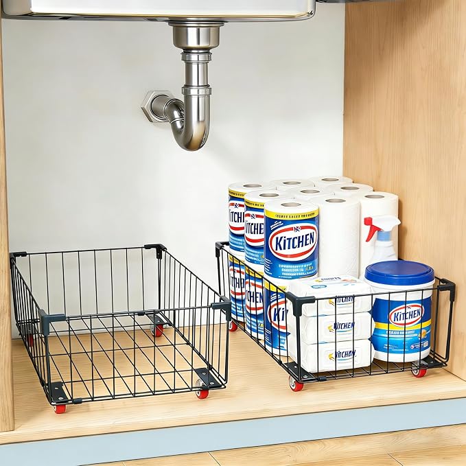 2Pack, Under Sink Organizer,Cabinet Organizers and Storage, Metal Storage Basket,Large capacity, Can Hold 40-70 Liters, Easily Push And Pull, Convenient For Cleaning Under Sink