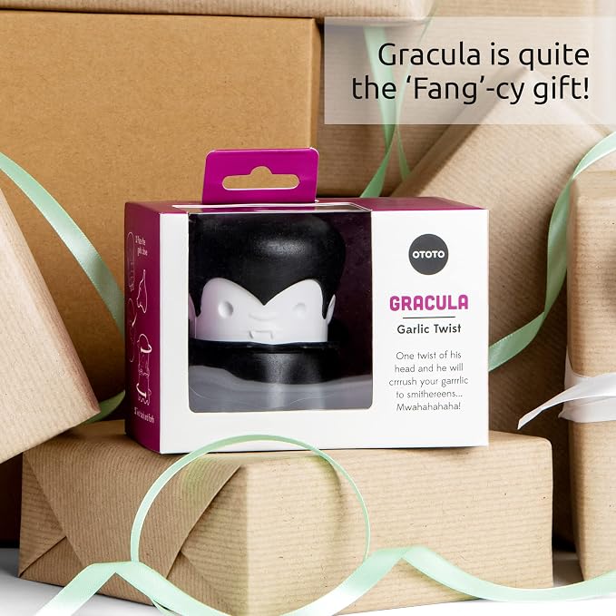 OTOTO Gracula Garlic Press, Garlic Crusher, Garlic Mincer, Also for Ginger, Nuts, Chili, Herbs - Twist Top Mincer & Easy Squeeze Manual Press Peeler, Goth Gifts