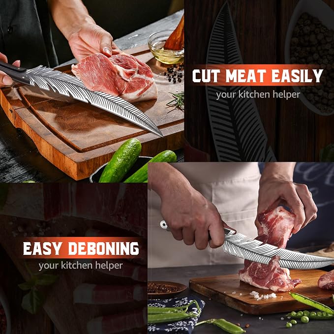 TIVOLI Feather Carving Knife,8 inch Boning Butcher Knife for Meat Cutting, Hand Forged High Carbon Steel Viking Fillet Knife for Brisket Outdoor Camping BBQ Father's Day Christmas Gift Men Women