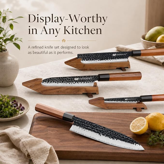 FINDKING Kitchen Knife Set with Individual Wooden Blocks, 4 Japanese Knives with Walnut Edge Guards, High Carbon Steel Blades, for Meat, Fruits, Vegetables, Dynasty Series