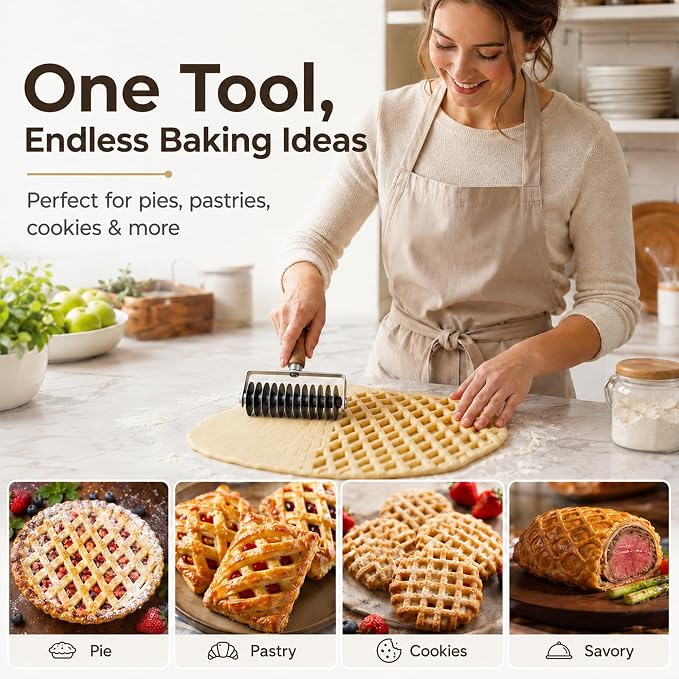 Pastry Lattice Roller Cutter, Stainless Steel Multi-Wheel Dough Cutter with Wooden Handle, Pie Crust Strip Cutters for Pastry, Pizza Dough, Bread & Beef Wellington