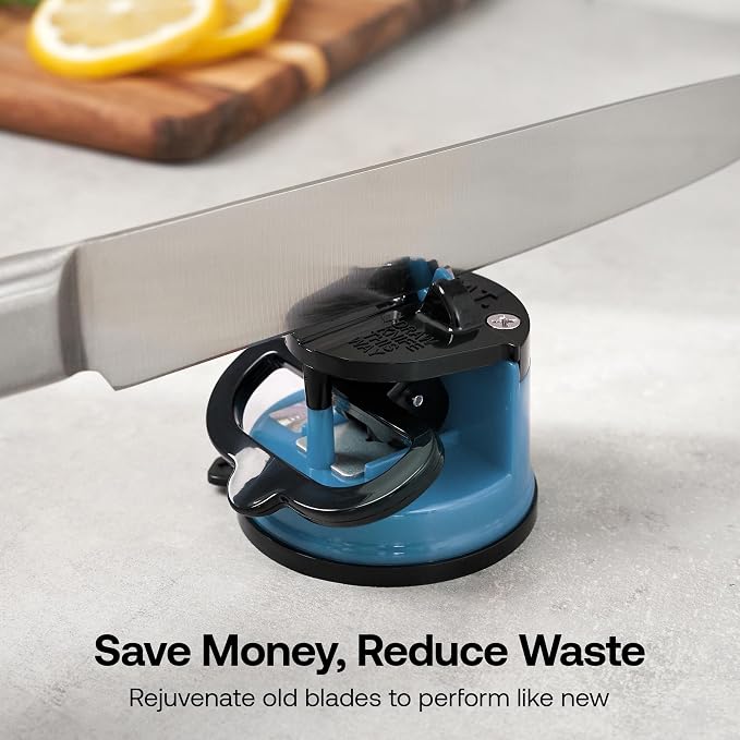 AnySharp – Global – Hands Free Knife Sharpener - Easy to Use Sharpening Tool with PowerGrip Suction Base and 20-Degree Pre-Set Angle - for All Knives: Chef's, Serrated, and Hardened Steel - Blue
