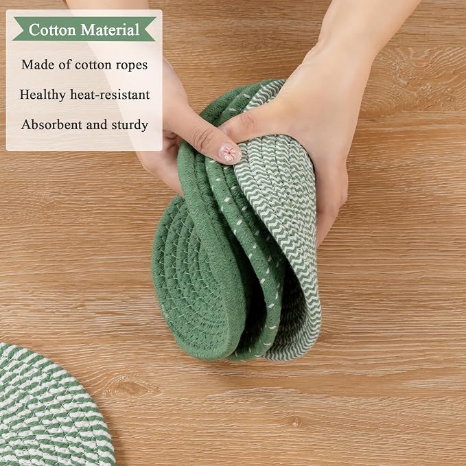 SHACOS 8 Inches Trivets for Hot Dishes, 4 Pieces Cotton Trivets Mats for Kitchen, Hot Pads for Countertops and Table, Heat-Resistant Pot Holders for Hot Pots and Pans(Green, 4pcs)
