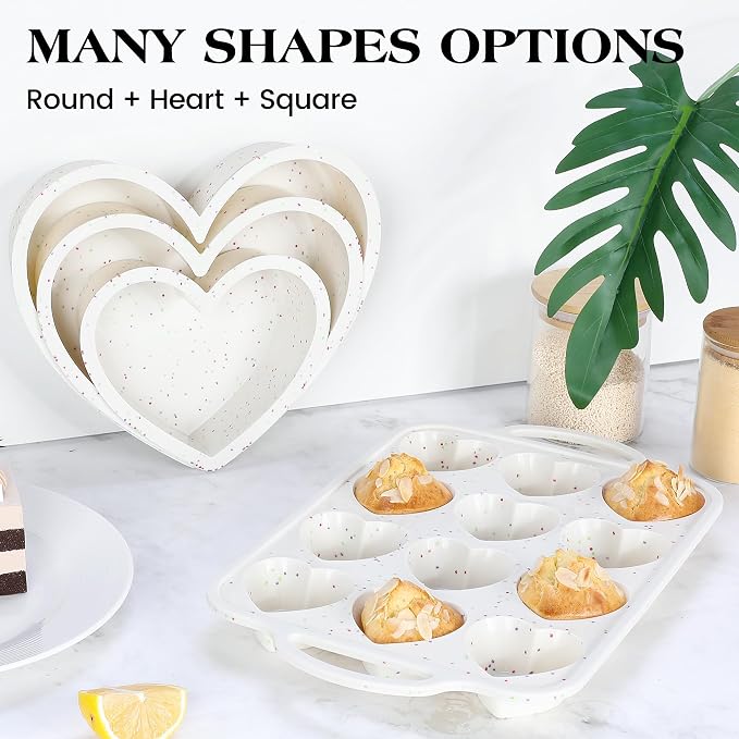 Heart Shaped Muffin Pan, 12 Cup, 2.5 Inch, Cream | Metal Reinforced Frame, Nonstick Silicone, Heart Cake Mold for Baking, Cupcake Tray