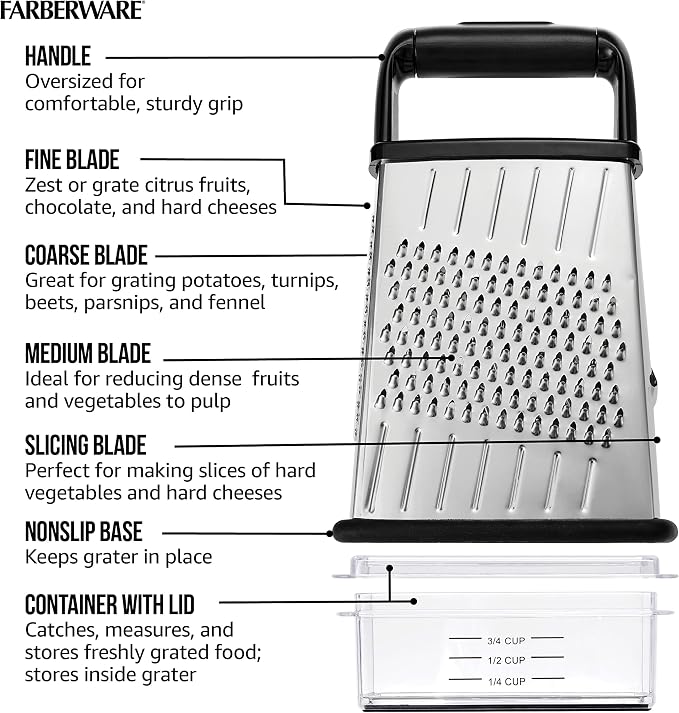 Farberware Slim Box Grater with Storage Container, Stainless Steel 4-Sided Cheese Grater with 1-Cup Catch Cup, Lid, and Non-Slip Base - Dishwasher Safe Kitchen Grater for Cheese, Vegetables, and More