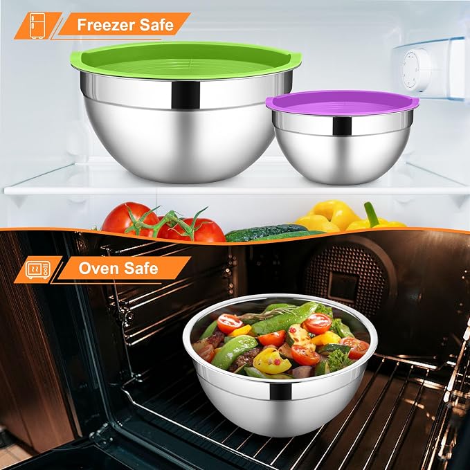 LIANYU Mixing Bowls with Lids Set, Large 7 & 3.5 & 2.5 & 2 & 1.5 & 1QT | 6 Piece Stainless Steel Serving Bowls, Kitchen Metal Nesting Bowl for Cooking, Food Storage, Dishwasher Safe, Multi-Color