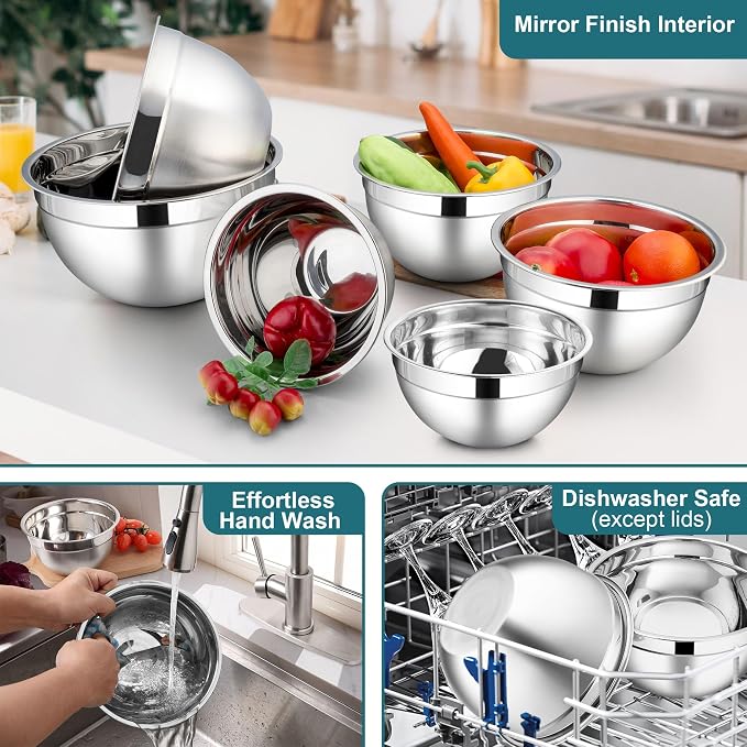 LIANYU 6 PCS Stainless Steel Mixing Bowls, Large 7, 3.5, 2.5, 2, 1.5, 1QT | Deep Metal Nesting Bowls, Kitchen Serving Bowls with Visible Lid, Ideal for Baking Cooking Prepping Food Storage, Dark Blue