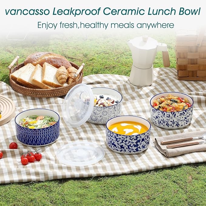 vancasso 36 Oz Ceramic Serving Bowls with Lids Set of 4, Porcelain Lunch Bowls with Lids for Food Storage, Prep Bowl for Kitchen, Microwave & Dishwasher Safe,Series SELENE