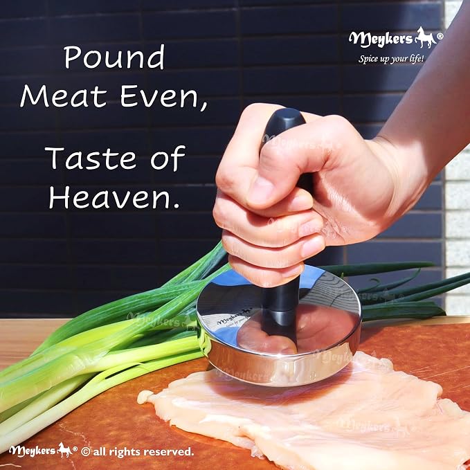 Meykers Meat Pounder Tenderizer | Smash Burger Press | 1.85 lb Heavy Duty | 304 Stainless Steel | Chicken Flattener Masher Beater Kitchen Tool | Aplanadora de Carnes y Pollo | Dishwasher Safe