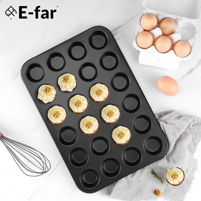 E-far 24-Cup Mini Muffin Pan, 4-Pack Nonstick Carbon Steel Cupcake Pans | Muffin Tins for Baking Mini Muffins & Cupcakes, Warp-Free for Even Baking & Easy Release, Oven Safe