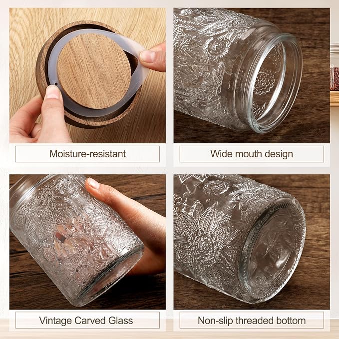 5 Pcs Sunflower Vintage Glass Jars with Bamboo Airtight Lid 17/24/34 oz Glass Food Containers Storage for Kitchen Counter Pantry Sugar Flour Coffee Tea Candy Oats Cereal(Round)