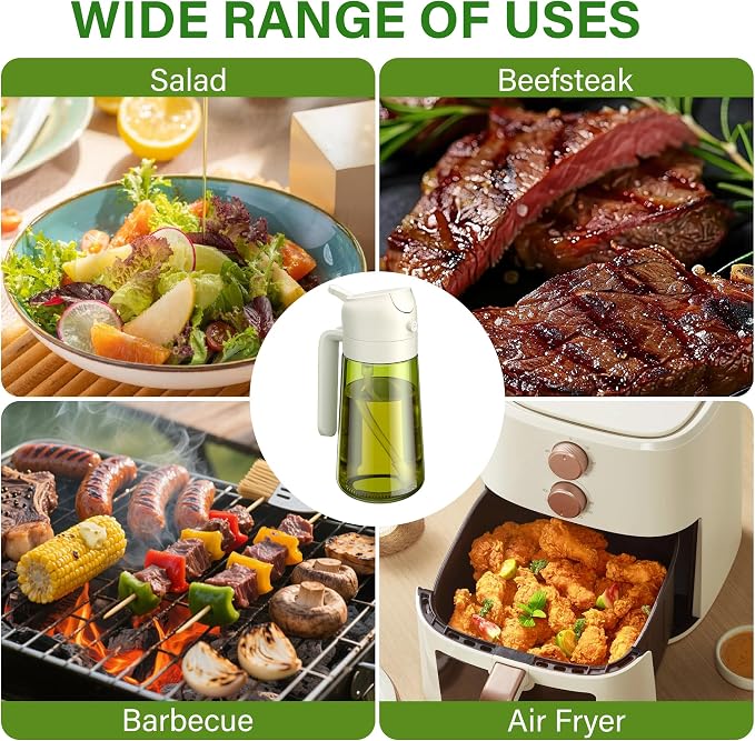 Vakoo Oil Sprayer for Cooking, 2 in 1 Oil Dispenser for Kitchen, 16oz/470ml Light-Blocking Dark Glass Olive Oil Spray Bottle, Air Fryer, Salad & BBQ (White&Green)