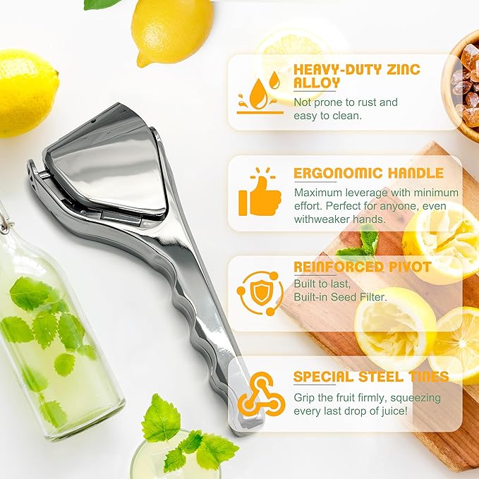 Heavy Duty Metal Lemon Squeezer, Manual Handheld Citrus Juicer | Solid weight food-grade manual press. Easy to clean. Ideal for fresh lime juice, small oranges and bar cocktails