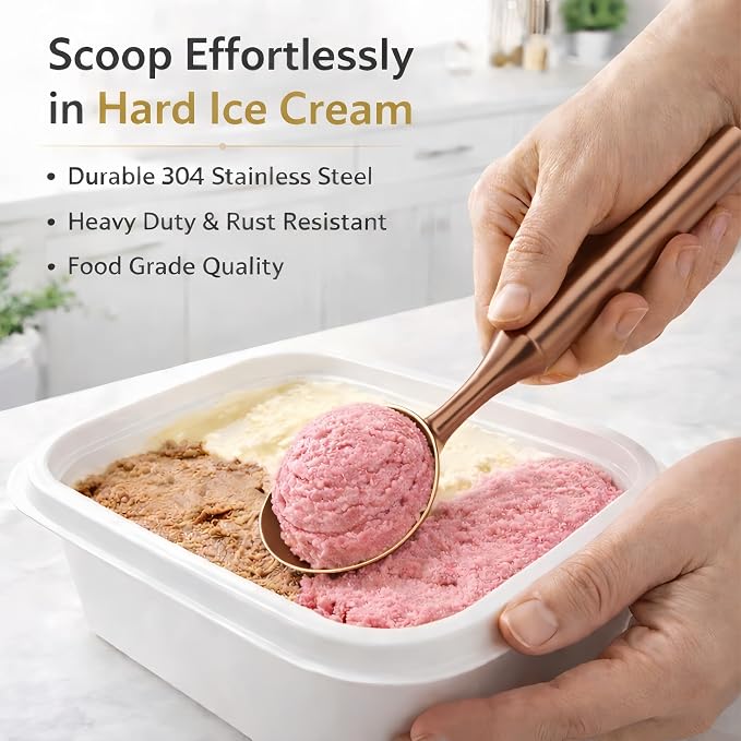 Stainless Steel Ice Cream Scoop, Heavy Duty Ice Cream Scooper with Ergonomic Grip, 100% Dishwasher Safe One-Piece Metal Scoop for Hard Ice Cream, Gelato & Cookie Dough,Rose Gold