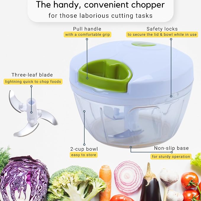 Brieftons Manual Food Chopper, Compact & Powerful Hand Pull Chopper Blender to Chop Onion, Garlic, Vegetables, Fruits, Herbs for Salsa, Salad, Pesto, Hummus, Coleslaw, Puree, Indian Cooking