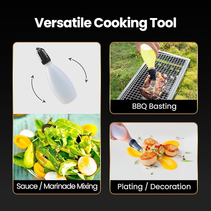 BBQ Sause Bottle with Basting Brush for Grilling，All-in-One Silicone Bottle with Brush Applicator, Heat Resistant BBQ Accessories and Cooking Gadgets, BPA-Free Oil Dispenser for Baking (Black)