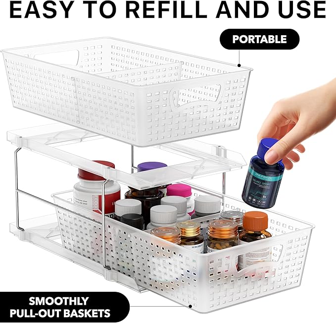Simple Houseware 2 Tier Pull-Out Sliding Drawer Under Sink Storage, Clear | Great for Kitchen Bathroom Tray Shelf Organizer
