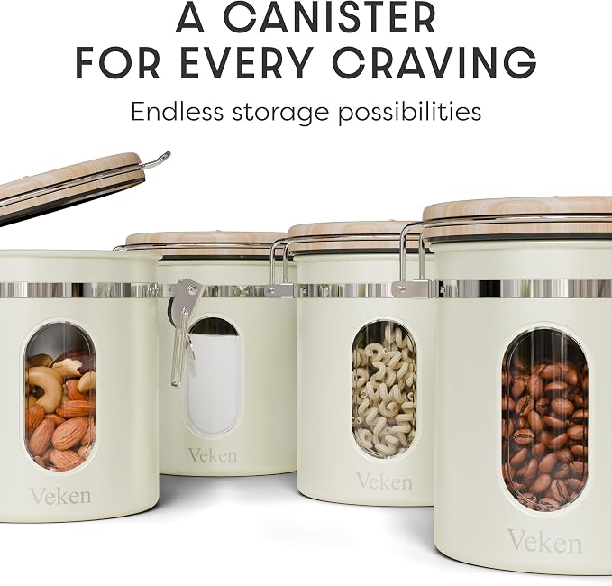 Veken Coffee Canister with Window, Airtight Stainless Steel Container, 16OZ | Date Tracker,Kitchen Food Storage Organizers for Beans, Ground, Espresso, Rice,Tea, Sugar,Cereal, Gifts,Lids,Jars,Scoop,Cream