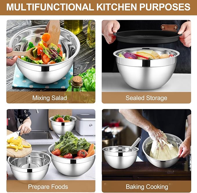 LIANYU 6 PCS Mixing Bowls with Lid Set, Size 7 & 3.5 & 2.5 & 2 & 1.5 & 1QT | Stainless Steel Cooking Serving Bowls, Kitchen Metal Nesting Bowl for Prepping & Food Storage, Dishwasher Safe, Khaki