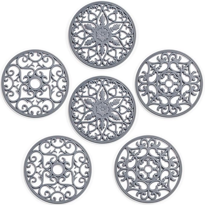 SMARTAKE 6 Set Silicone Trivet Mats for Hot Dishes, Heat Resistant Pots and Pans Holders, Non-Slip Flexible Hot Pads Coasters for Countertops Table, Modern Kitchen Decor Accessories (Grey)