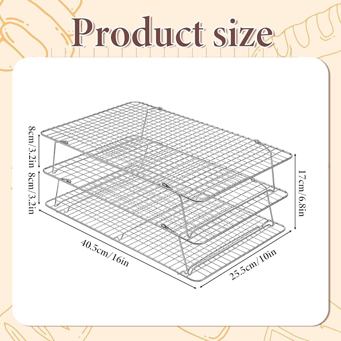 Stainless Steel Stackable Cooling Rack for Baking, 3-Tier Cooling Rack Set, Stackable Heavy Duty Stainless Steel Wire Racks, for Baking Cooking Grilling, Oven & Dishwasher Safe, 10”x 16”, Silver