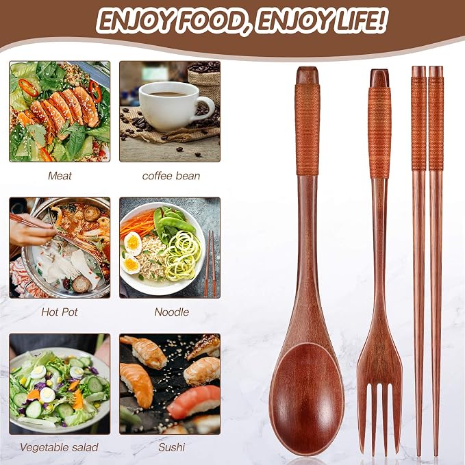 Vesici 24 Pieces Wooden Spoons Forks Chopsticks Set Wooden Flatware Tableware Cutlery Reusable Handmade Travel Flatware Set for Cooking Stirring Eating Mixing