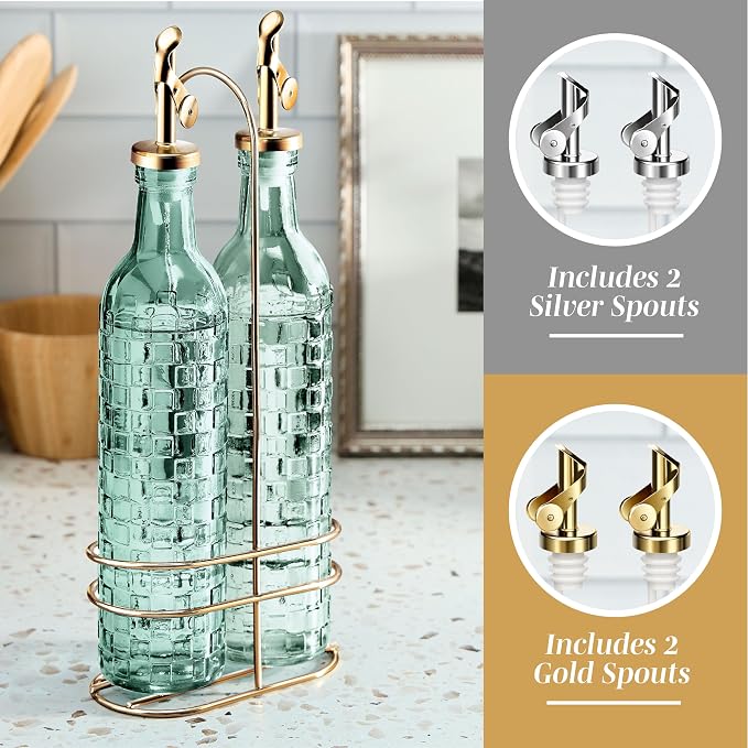 COOK WITH COLOR Glass Olive Oil Bottle Dispenser - 2 Pack- 17oz Oil and Vinegar Cruet - Olive Oil Carafe Decanter for Kitchen, Checkered, Green