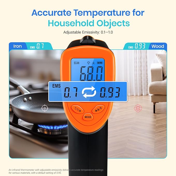 Etekcity Infrared Thermometer Laser Temperature Gun 774, Meat Food Candy Oven Thermometer for Griddle Accessories, Heat Gun for Cooking Refrigerator Tools, Adjustable Emissivity & Max Measure, Orange