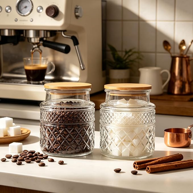 Prettidecor Glass Storage Jars, 38 FL OZ Airtight Canisters with Bamboo Lid, Decorative Kitchen Containers for Cereal, Nuts, Snacks, Candy, Cookies, Coffee, Tea | Kitchen Pantry Coffee bar Canister for Coffee Sugar Cereal Nut Candy, Airtight Bamboo Lid...