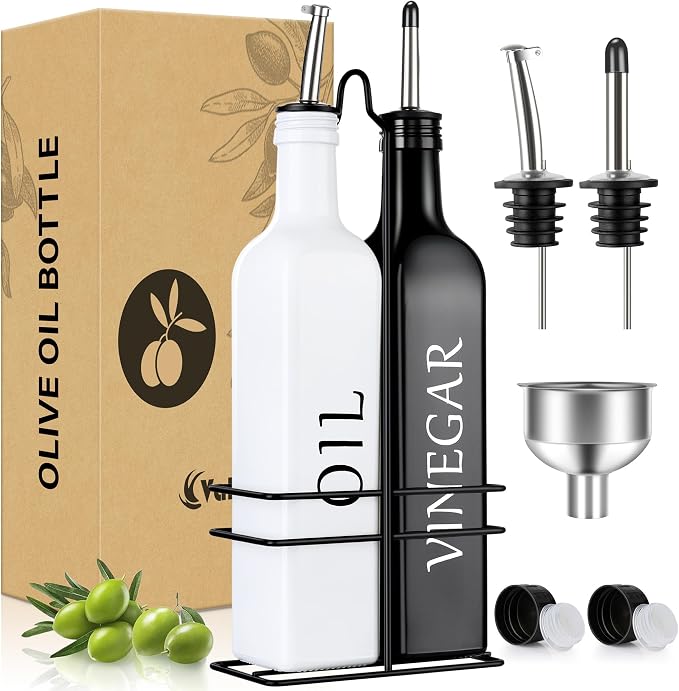 Vakoo Oil and Vinegar Dispenser Set - 17oz/500ml, Extra Thick Glass, Leak-Proof, Olive Oil Dispenser Bottle for Kitchen (White Black)
