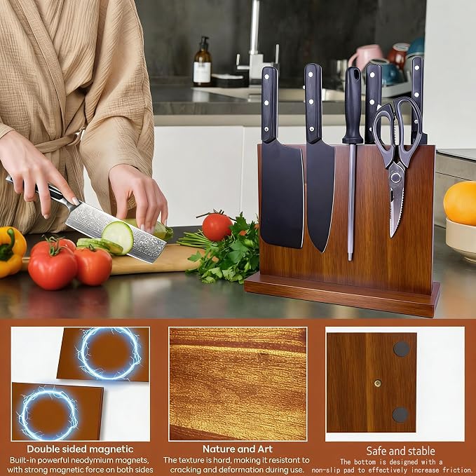Magnetic Knife Block - Acacia Wood Strong Magnetic Knife Holder, Secure Knife Storage Organizer | Space Saving for Kitchen Knives & Chef Tools (brown)