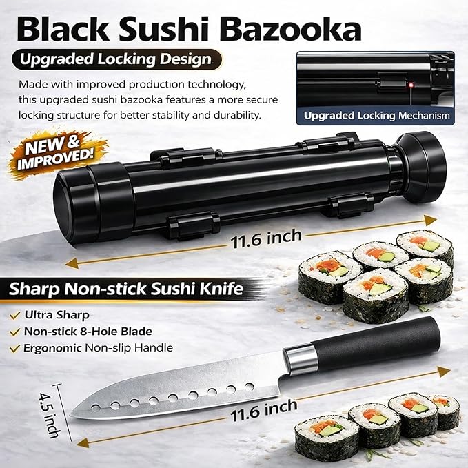 FUNGYAND Sushi Making Kit, All-in-One Bazooka Roller Set with Bamboo Mats, Avocado Slicer, Paddle, Knife, Chopstick & Holders, Cotton Bag - DIY Maki Roller Machine